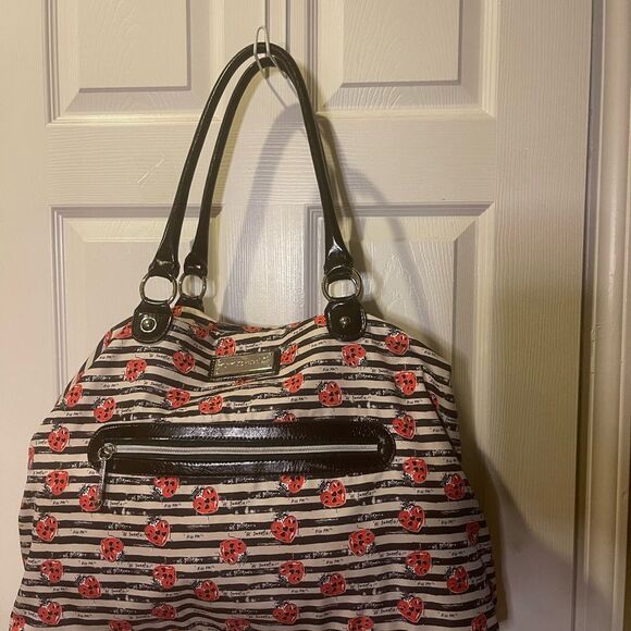 Betsey Johnson fabric Black & White red ladybugs weekender bag synthetic trim - Picture 2 of 13
